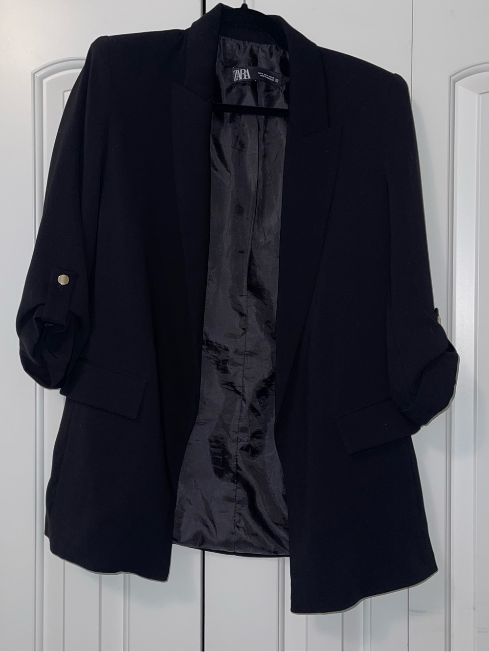 Zara Black Open-Front Roll-Sleeve Blazer